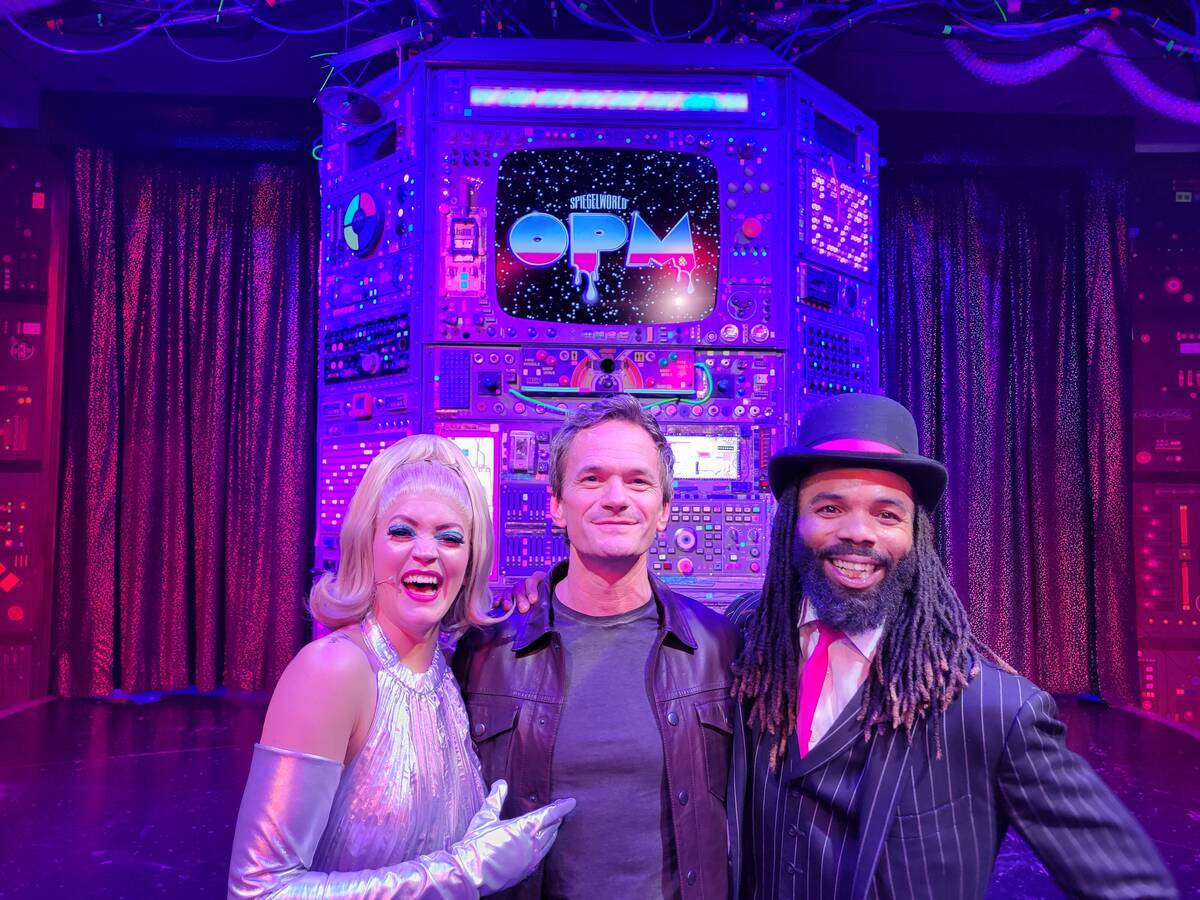 Neil Patrick Harris (middle) is shown with "OPM" cast members Grace Lusk (Andromada) and Micah ...