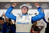 Austin Hill celebrates in Victory Lane after winning the NASCAR Xfinity Series auto race at Day ...