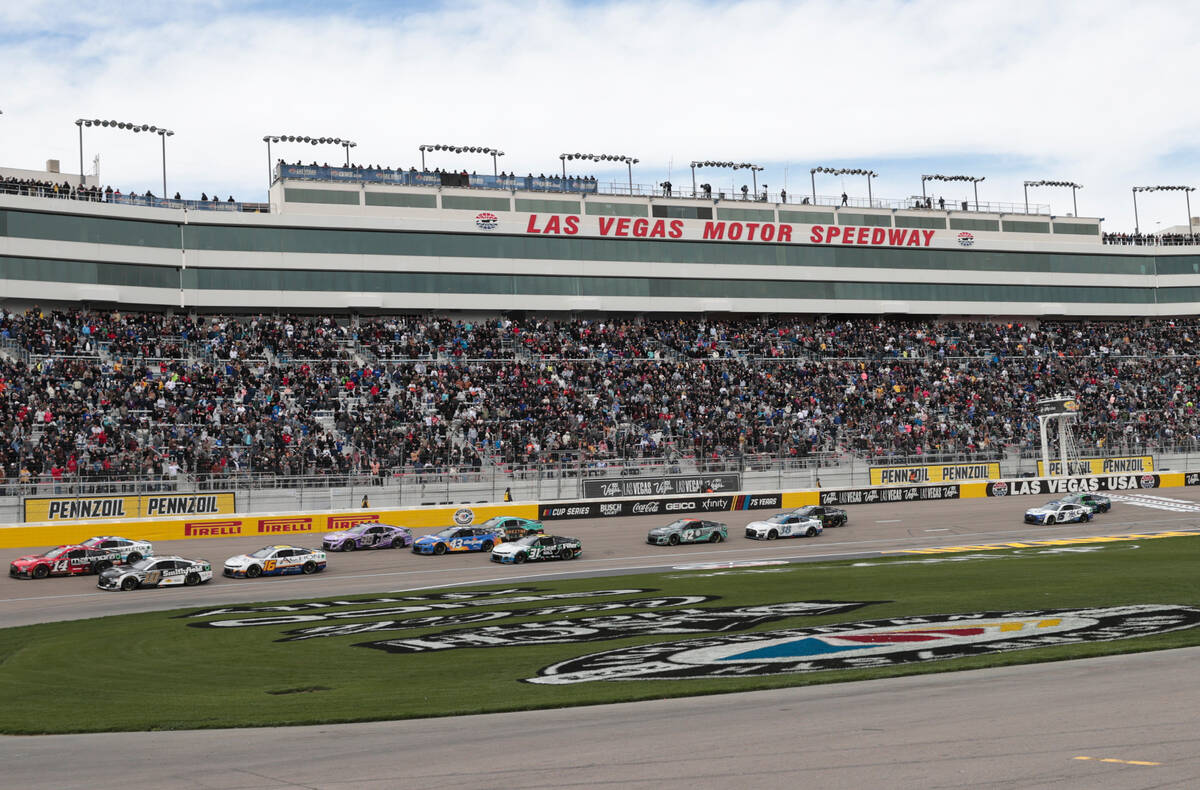 Drivers compete during the Pennzoil 400 NASCAR Cup Series race at Las Vegas Motor Speedway on S ...
