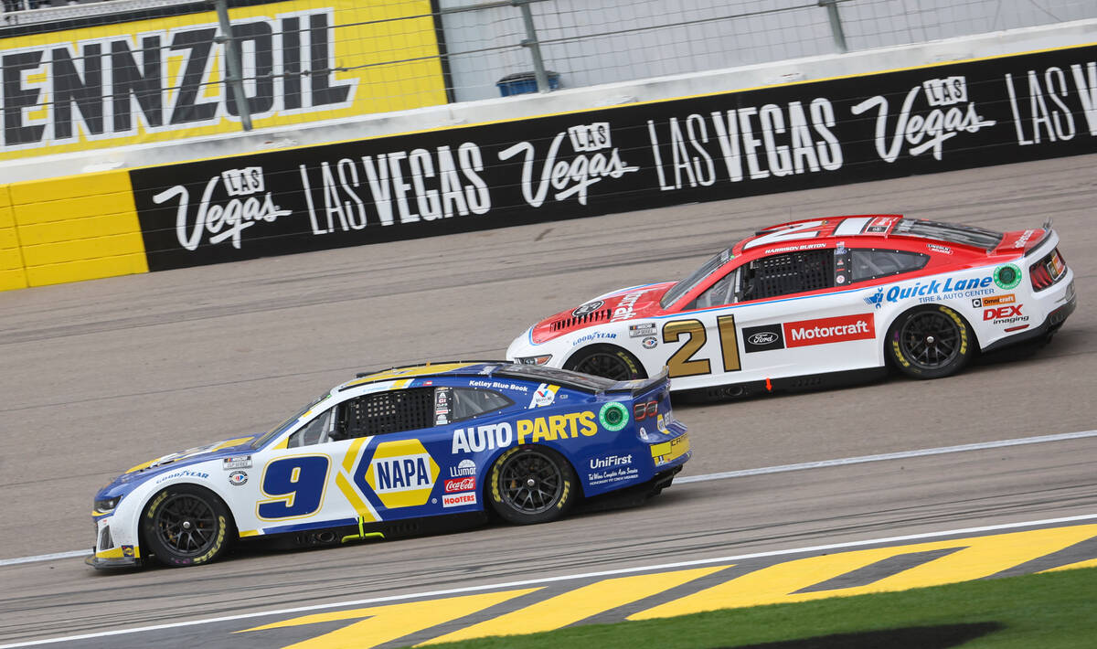 Driver Josh Berry (9) drives ahead of Harrison Burton (21) during the Pennzoil 400 NASCAR Cup S ...