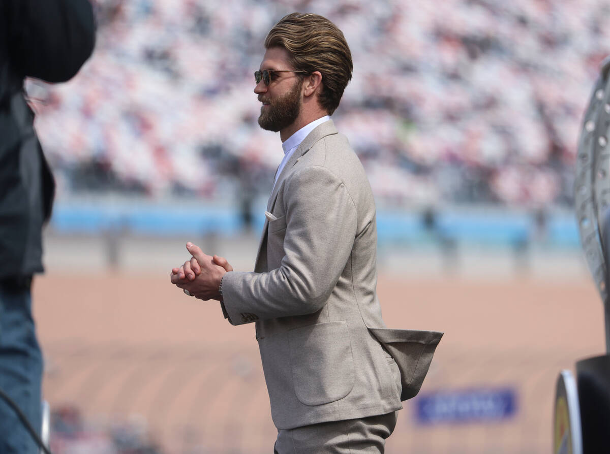 Bryce Harper, grand marshal for the Pennzoil 400 NASCAR Cup Series race, is introduced before t ...