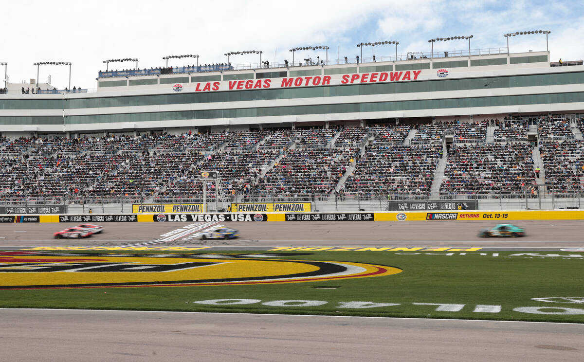 Drivers compete during the Pennzoil 400 NASCAR Cup Series race at Las Vegas Motor Speedway on S ...