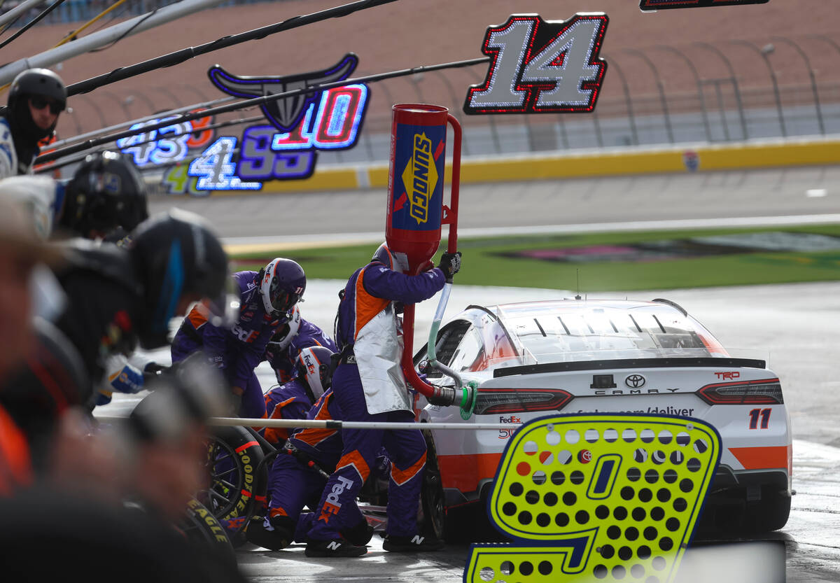 Driver Denny Hamlin pits during the Pennzoil 400 NASCAR Cup Series race at Las Vegas Motor Spee ...