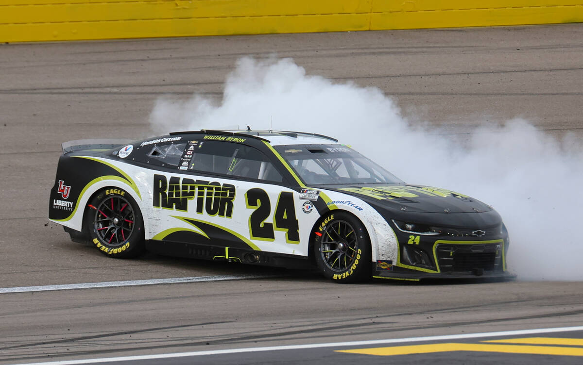 Driver William Byron does a burnout after winning the Pennzoil 400 NASCAR Cup Series race at La ...