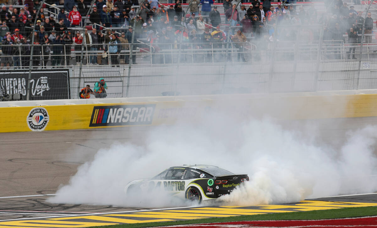 Driver William Byron does a burnout after winning the Pennzoil 400 NASCAR Cup Series race at La ...