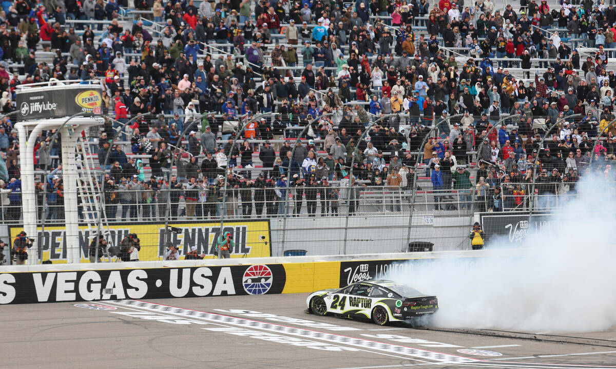 Driver William Byron does a burnout after winning the Pennzoil 400 NASCAR Cup Series race at La ...