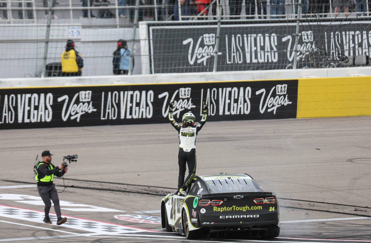 Driver William Byron reacts after winning the Pennzoil 400 NASCAR Cup Series race at Las Vegas ...