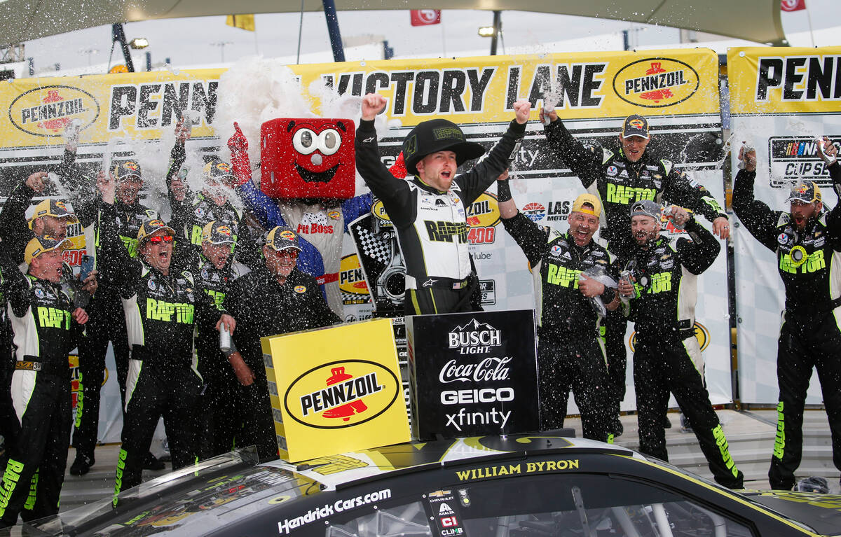 Driver William Byron celebrates after winning the Pennzoil 400 NASCAR Cup Series race at Las Ve ...