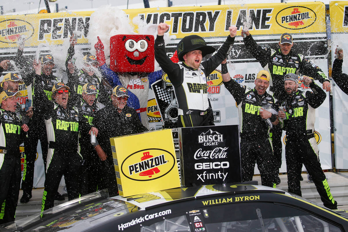 Driver William Byron celebrates after winning the Pennzoil 400 NASCAR Cup Series race at Las Ve ...