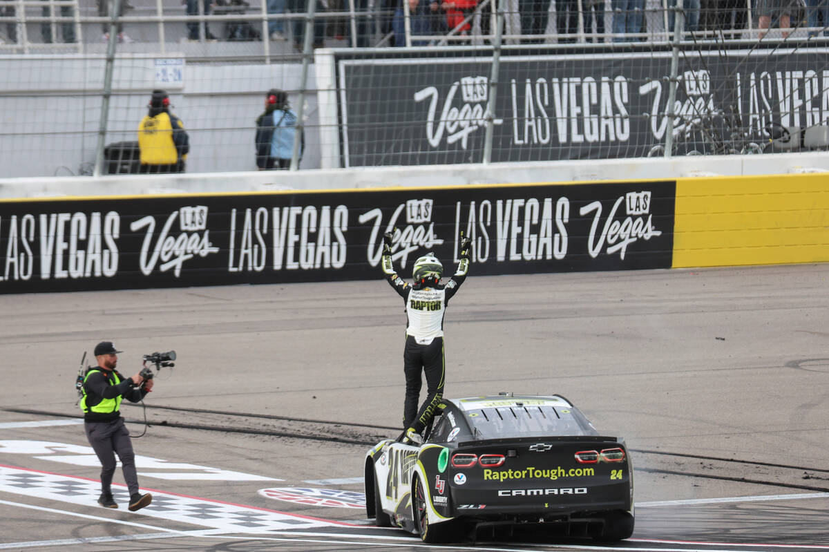 Driver William Byron reacts after winning the Pennzoil 400 NASCAR Cup Series race at Las Vegas ...