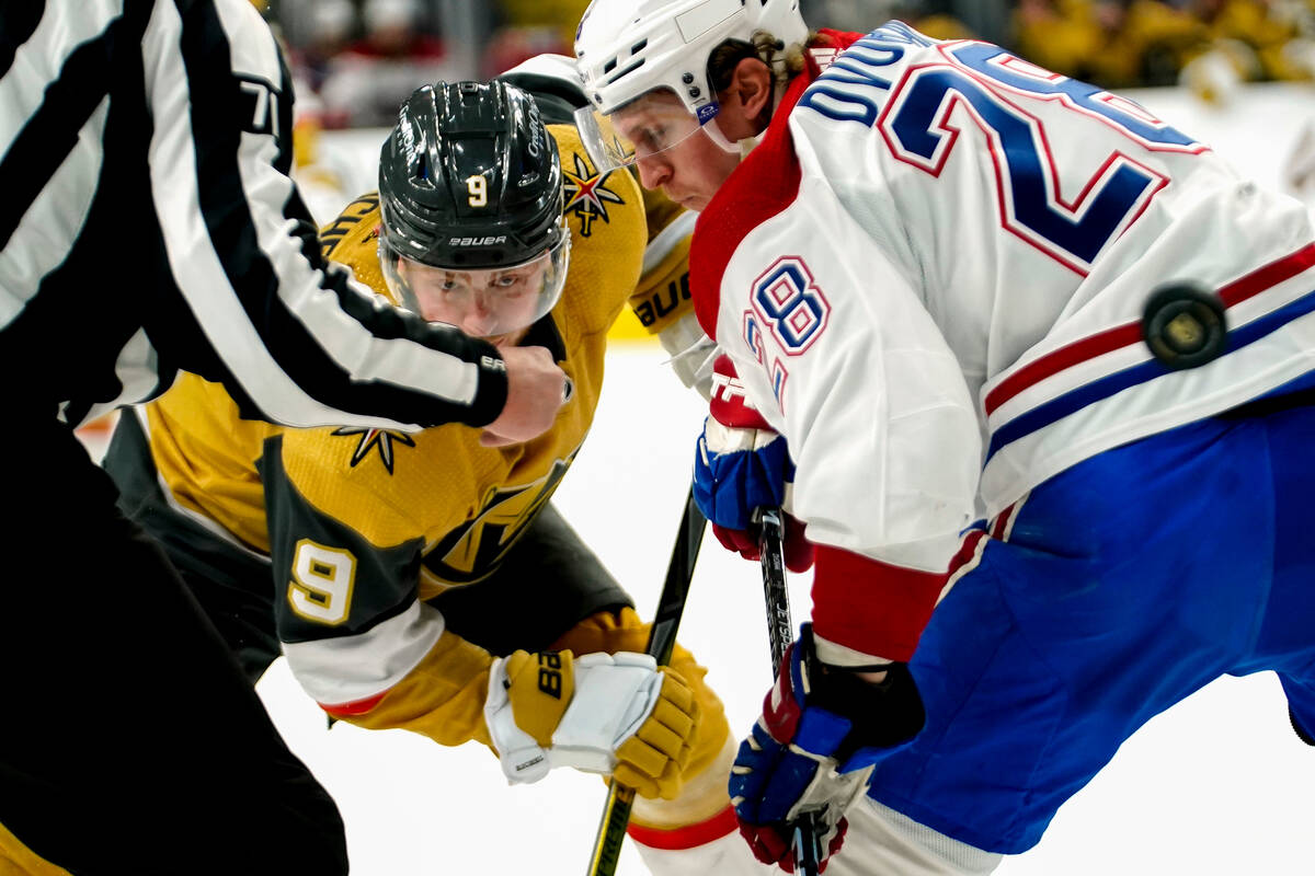 Vegas Golden Knights center Jack Eichel (9) plays against Montreal Canadiens center Christian D ...
