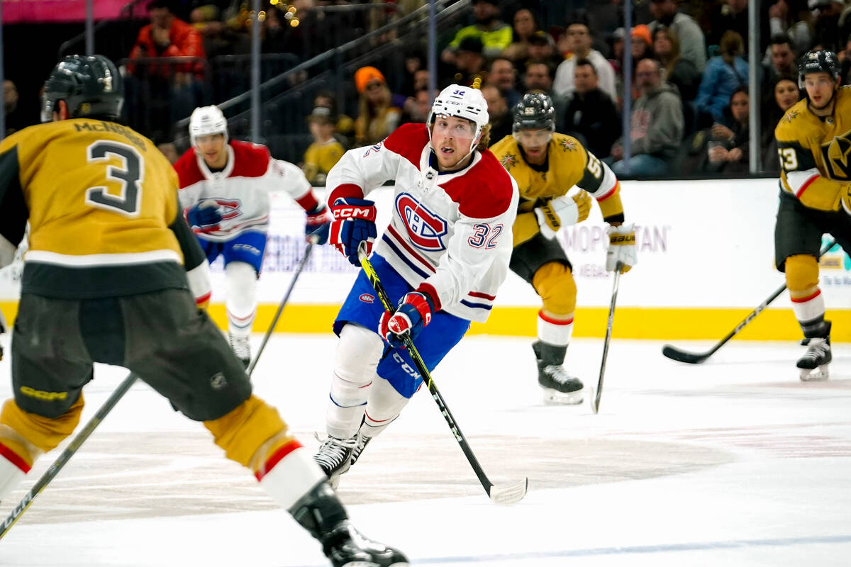 Montreal Canadiens center Rem Pitlick (32) skates against Vegas Golden Knights defenseman Brayd ...