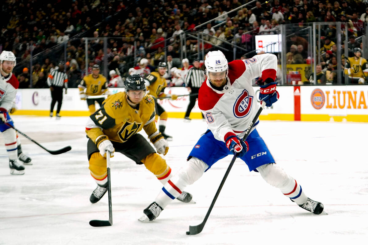 Montreal Canadiens defenseman Johnathan Kovacevic (26) skates with the puck against Vegas Golde ...