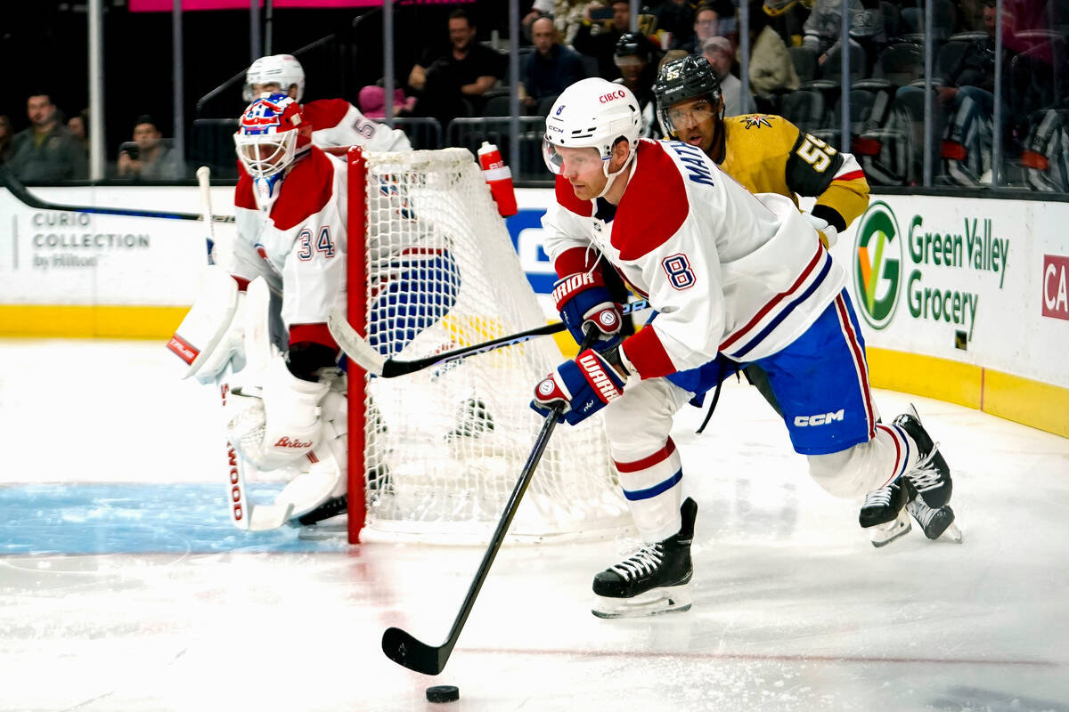 Montreal Canadiens defenseman Mike Matheson (8) skates with the puck against Vegas Golden Knigh ...