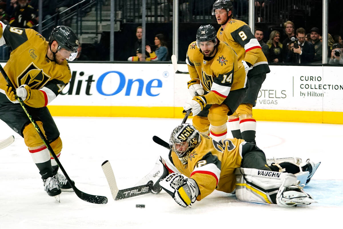 Vegas Golden Knights goaltender Jonathan Quick makes a save during the first period of an NHL h ...