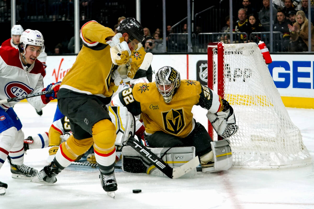 Vegas Golden Knights goaltender Jonathan Quick (32) makes a save during the third period of an ...