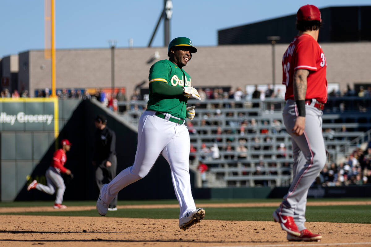 Oakland Athletics first baseman Jesús Aguilar runs to third base during an MLB exhibition ...