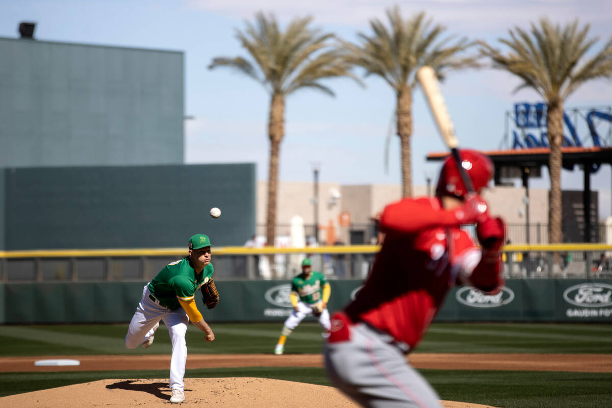 Oakland Athletics pitcher Drew Rucinski pitches to the Cincinnati Reds during an MLB exhibition ...