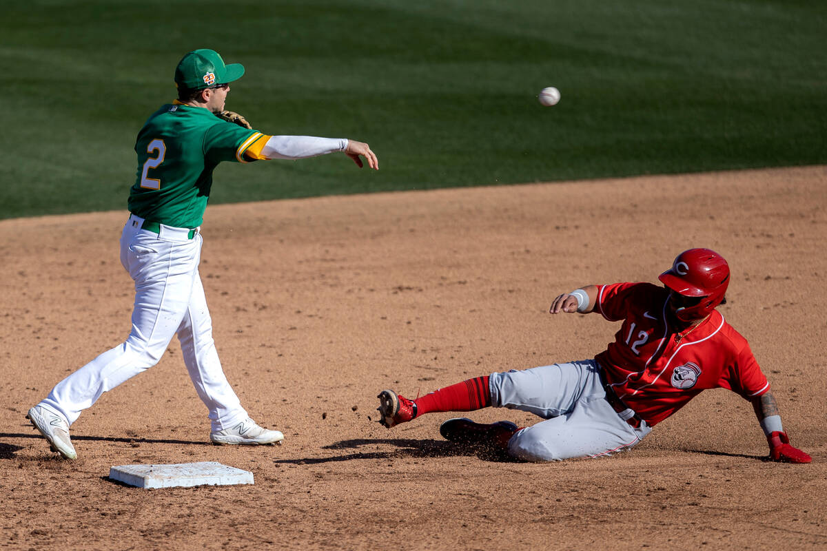 Oakland Athletics short stop Nick Allen throws to first base for a double play after outing Cin ...