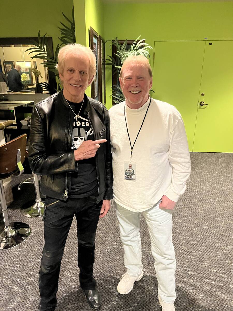 Ex-Eagles member Don Felder, left, is shown with Raiders owner Mark Davis backstage at Westgate ...