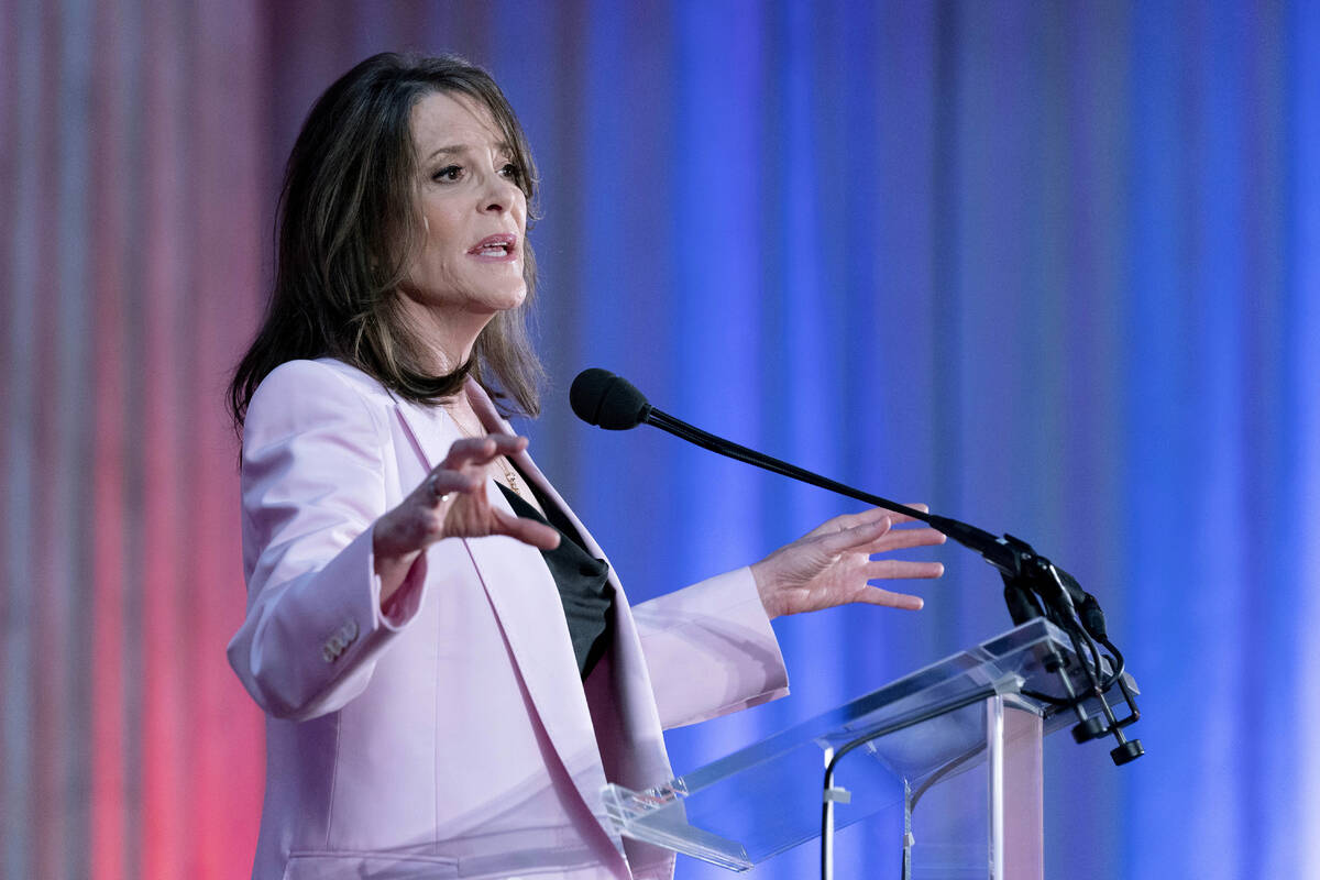 Self-help author Marianne Williamson speaks to the crowd as she launches her 2024 presidential ...