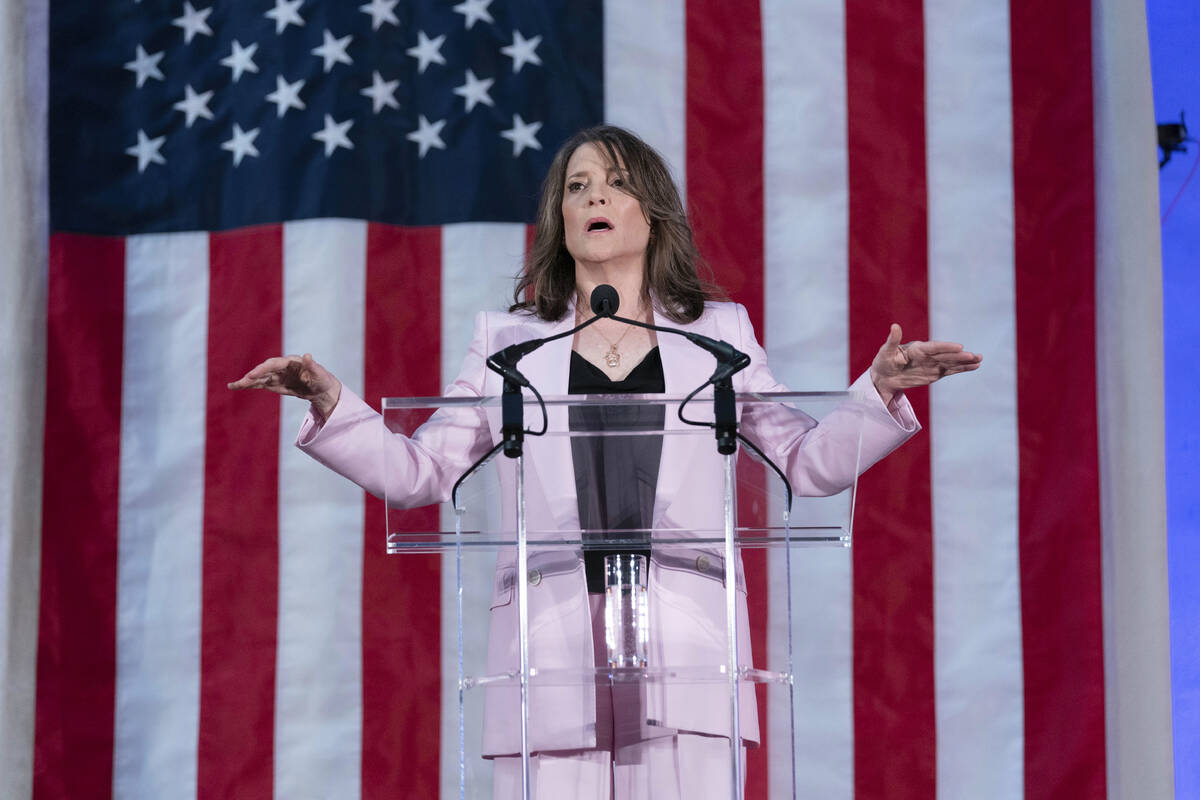 Self-help author Marianne Williamson speaks to the crowd as she launches her 2024 presidential ...
