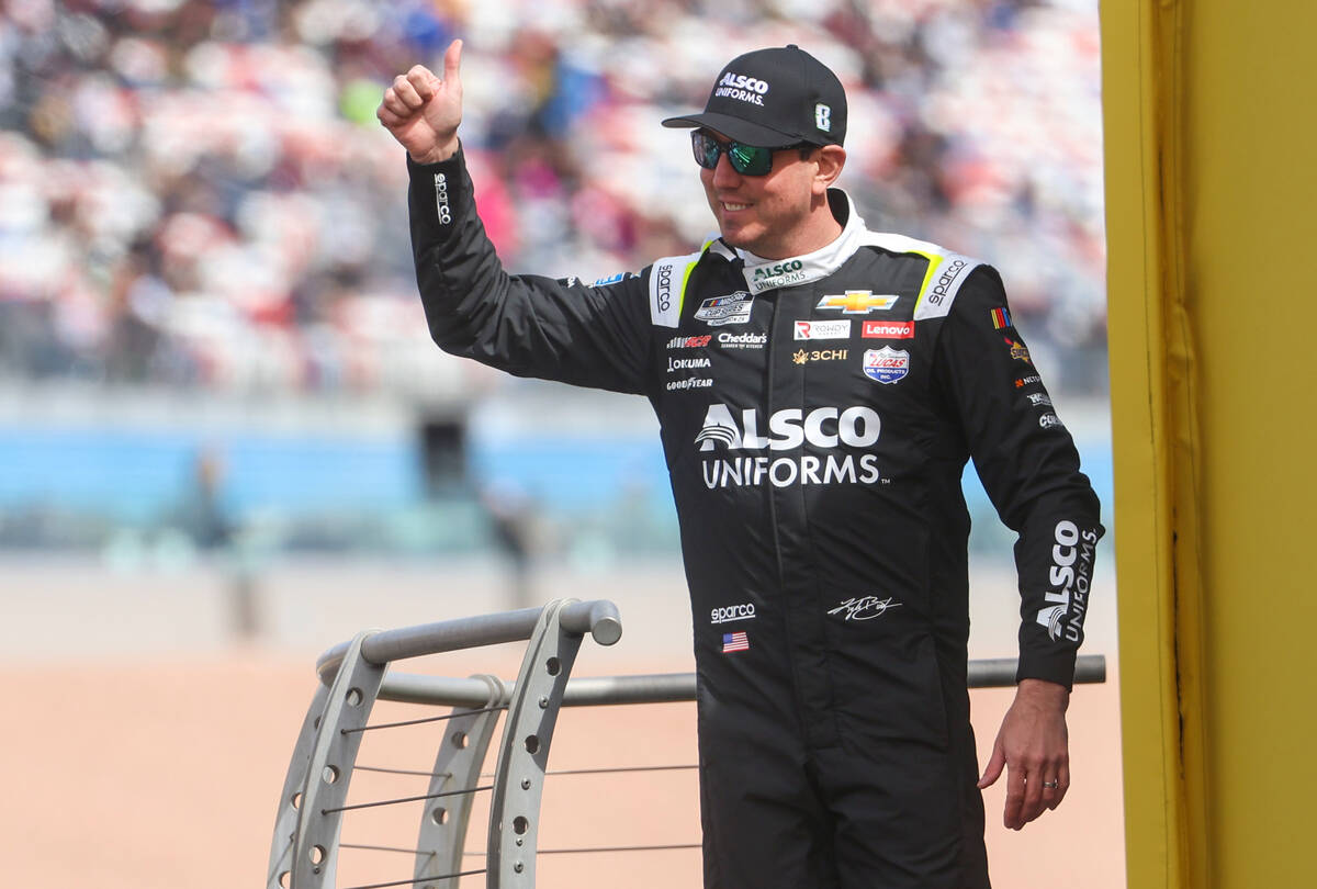Driver Kyle Busch is introduced before the Pennzoil 400 NASCAR Cup Series race at Las Vegas Mot ...