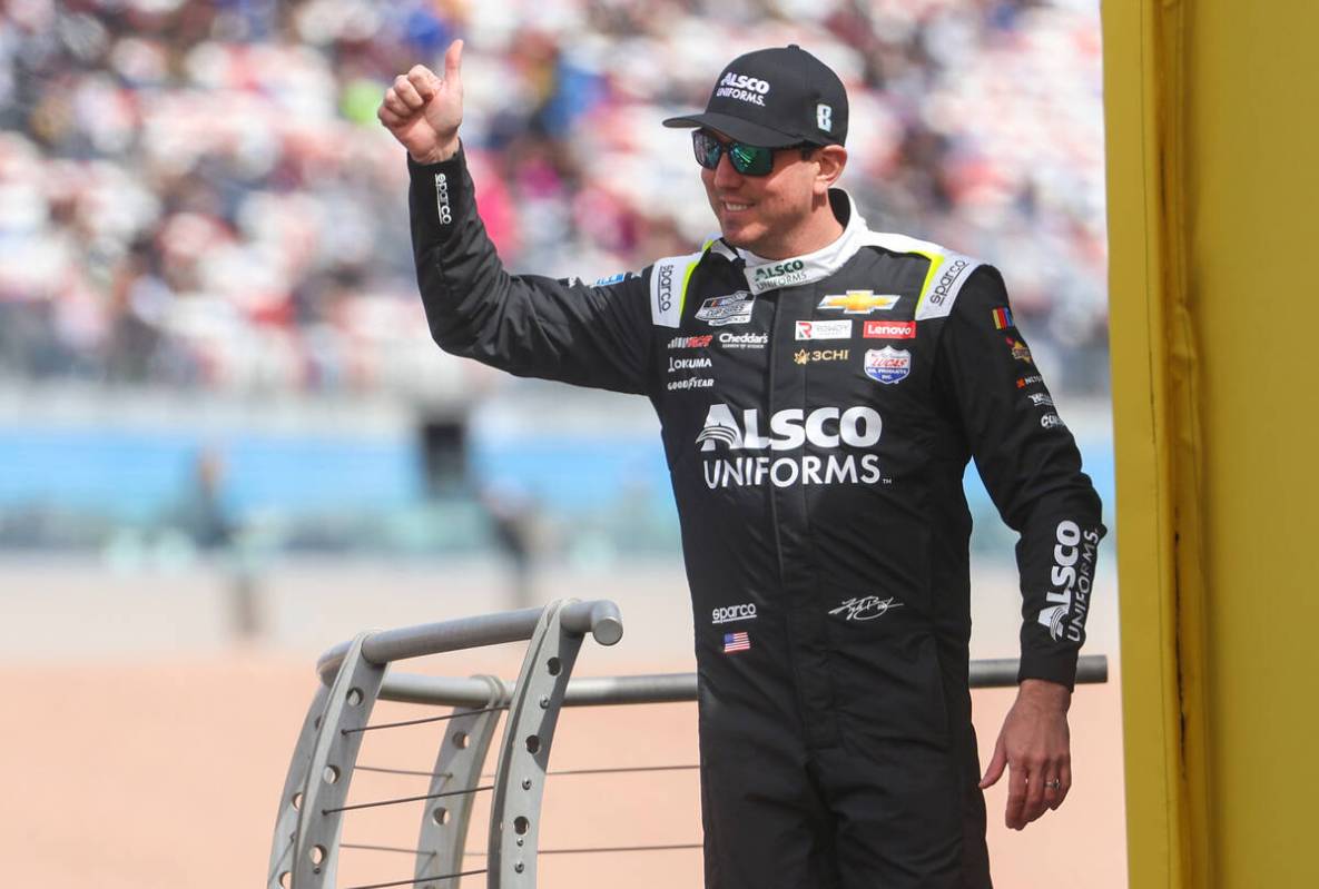 Driver Kyle Busch is introduced before the Pennzoil 400 NASCAR Cup Series race at Las Vegas Mot ...
