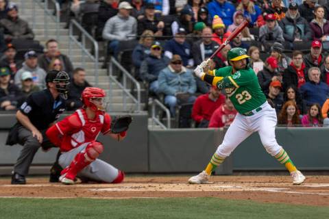 Oakland Athletics designated hitter Shea Langeliers (23) takes an at bat with Cincinnati Reds c ...
