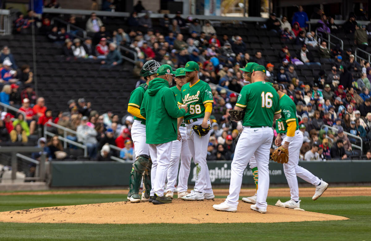 Oakland Athletics starting pitcher Paul Blackburn (58) is relieved during the second inning of ...
