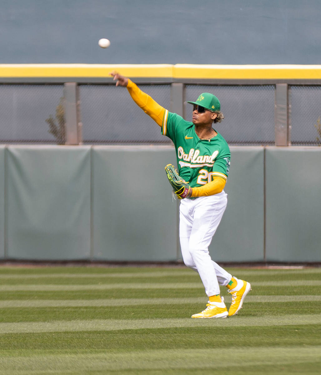 Oakland Athletics center fielder Cristian Pache (20) makes a throw during the second inning of ...