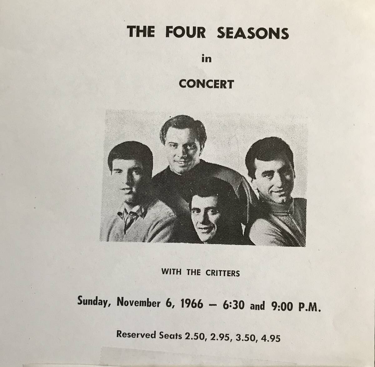 A flyer for the Four Seasons' appearance at War Memorial in Trenton, N.J. on Nov. 6, 1966. (Hen ...