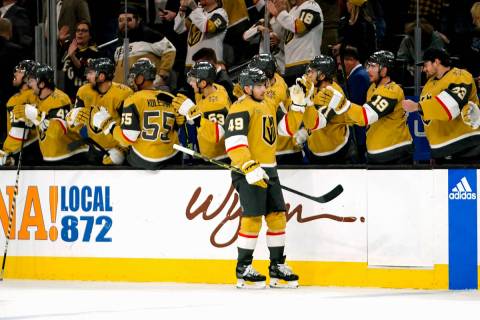 Vegas Golden Knights center Ivan Barbashev is congratulated after scoring a goal against the Mo ...