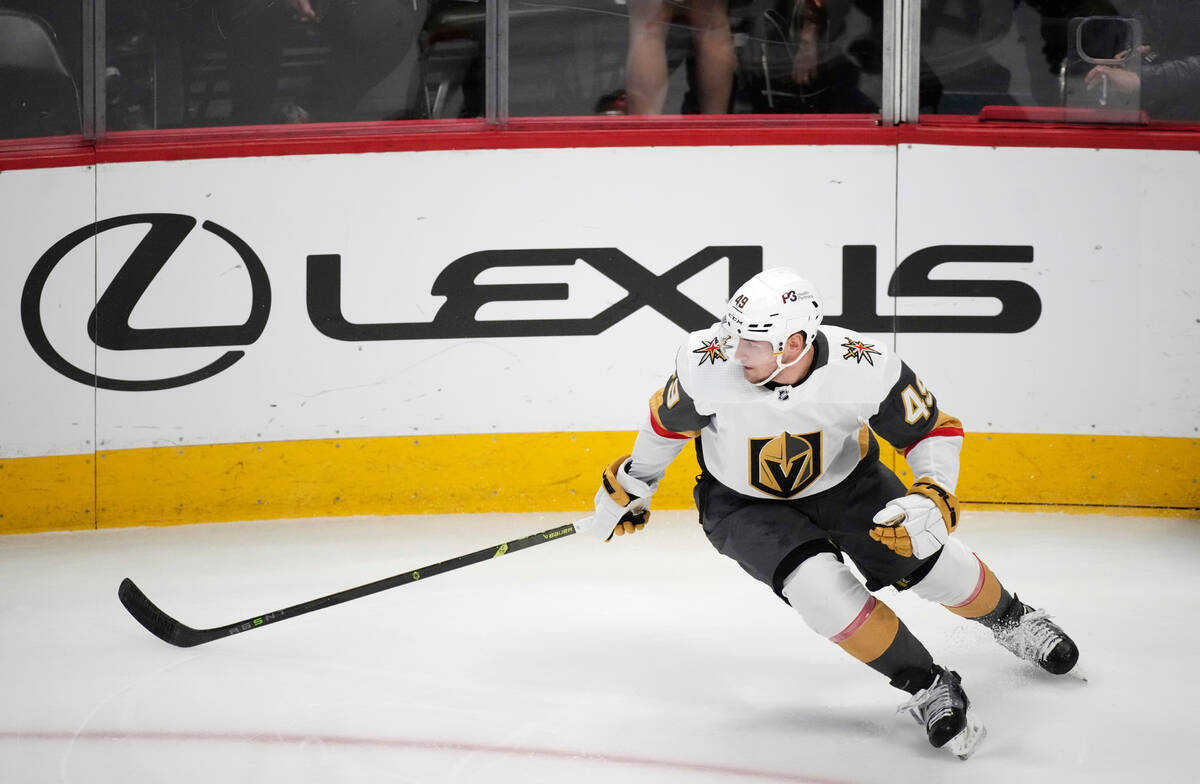 Vegas Golden Knights center Ivan Barbashev (49) in the first period of an NHL hockey game Monda ...