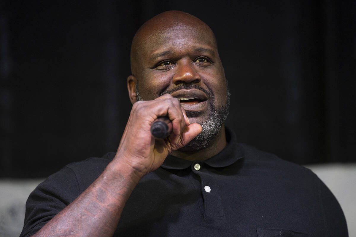 Shaquille O’Neal gives a speech during an event at Doolittle Complex basketball courts i ...