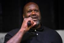 Shaquille O’Neal gives a speech during an event at Doolittle Complex basketball courts i ...