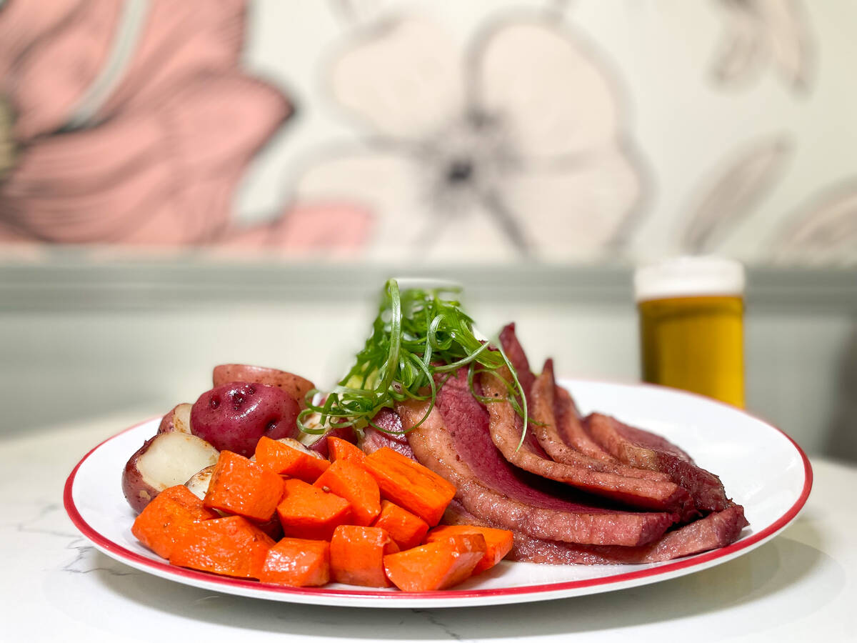 For St. Patrick's Day 2023, corned beef and cabbage from Strat Cafe in The Strat on the Las Veg ...