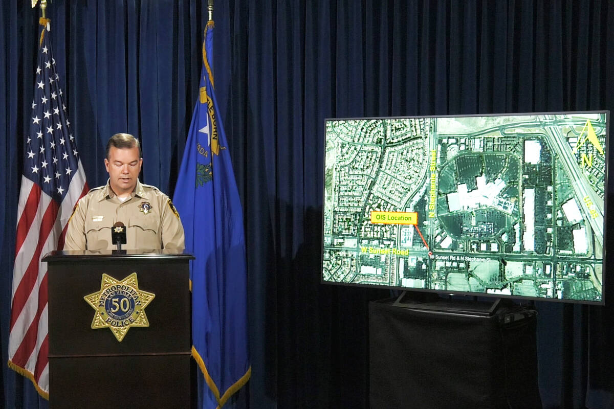 during a media briefing on Monday, March. 6, 2023, at Metro HQ, in Las Vegas. (Nathan Asselin/L ...