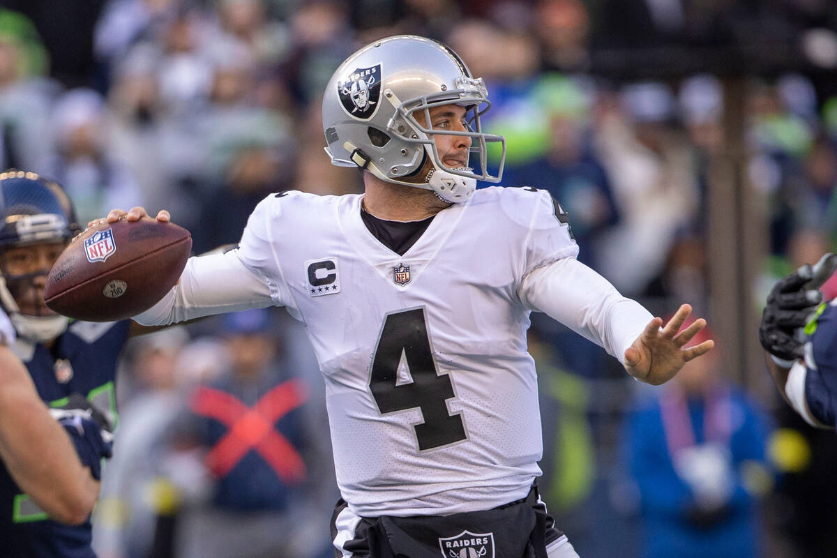 Raiders quarterback Derek Carr (4) prepares to throw during the first half of an NFL game again ...