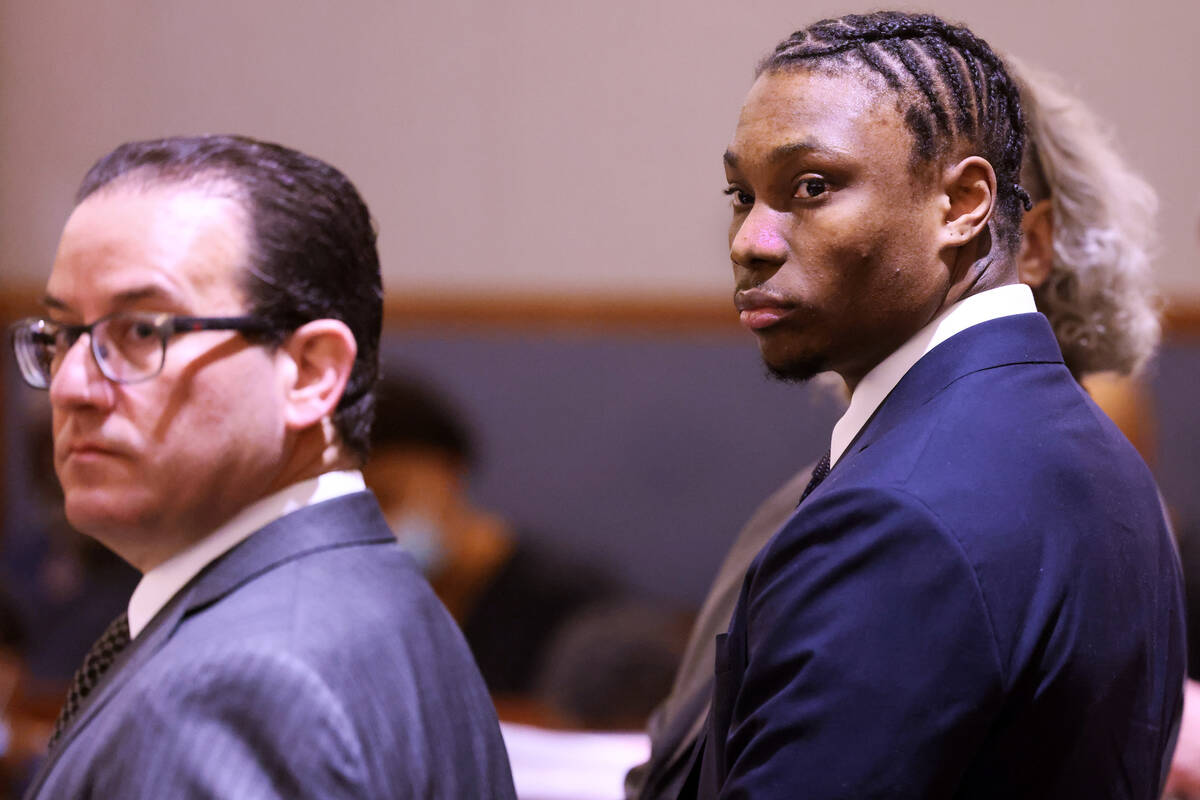 Former Raiders player Henry Ruggs, right, appears in court with one of his attorneys, Richard S ...