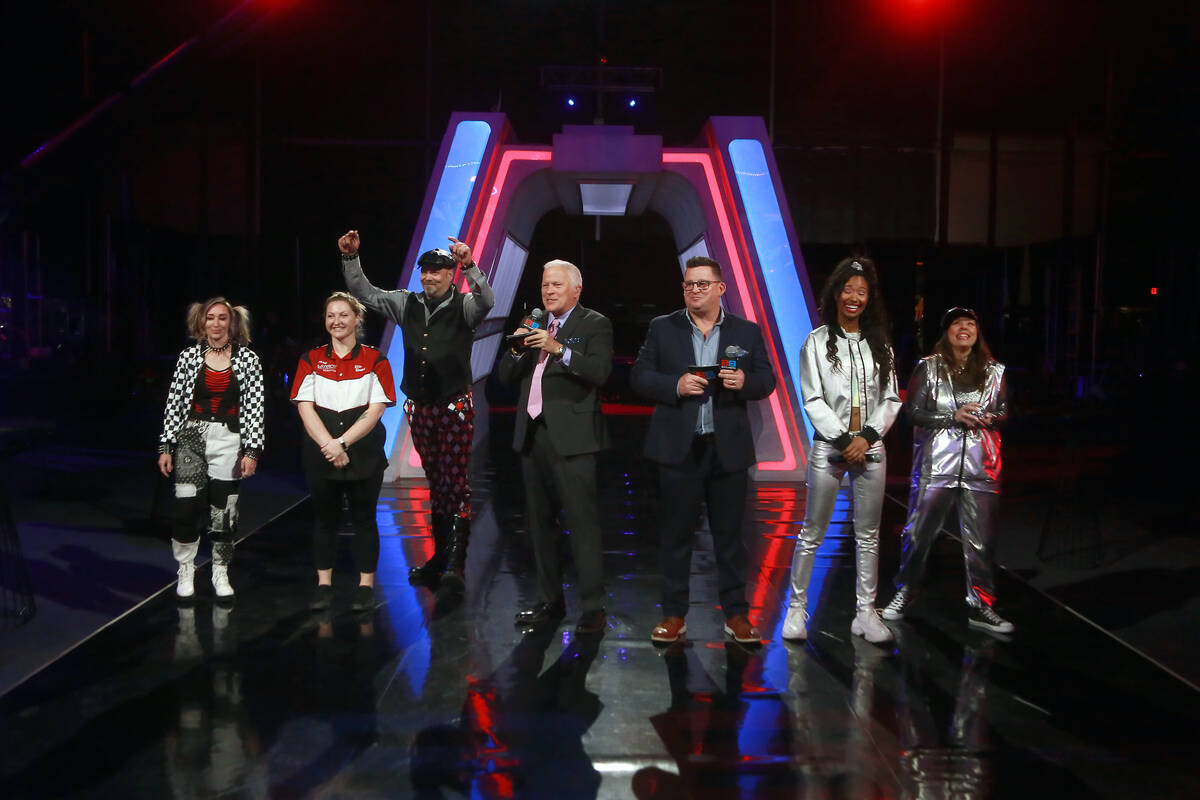 "BattleBots: Destruct-A-Thon" co-hosts Bill Dwyer, left, and Steve Judkins are shown with cast ...