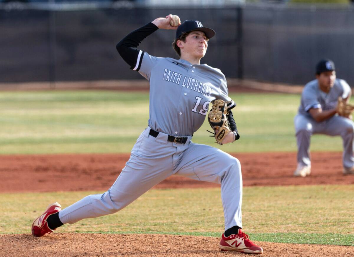 Faith Lutheran's Jordan Watkins delivers against Basic High during their Class 5A baseball tour ...