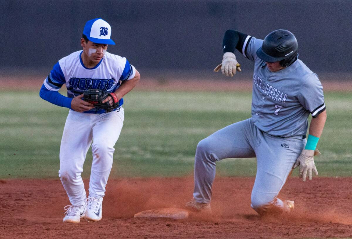 Faith Lutheran's Brandon Swanson (7) slides but out at second by Basic High's Lyndon Lee during ...