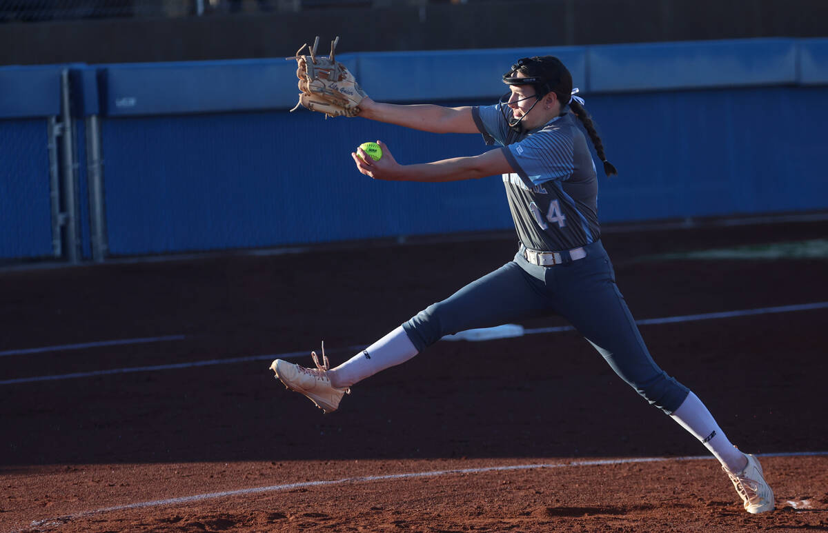 Centennial's Lily Fournier (14) pitches during a softball game at Bishop Gorman High School on ...