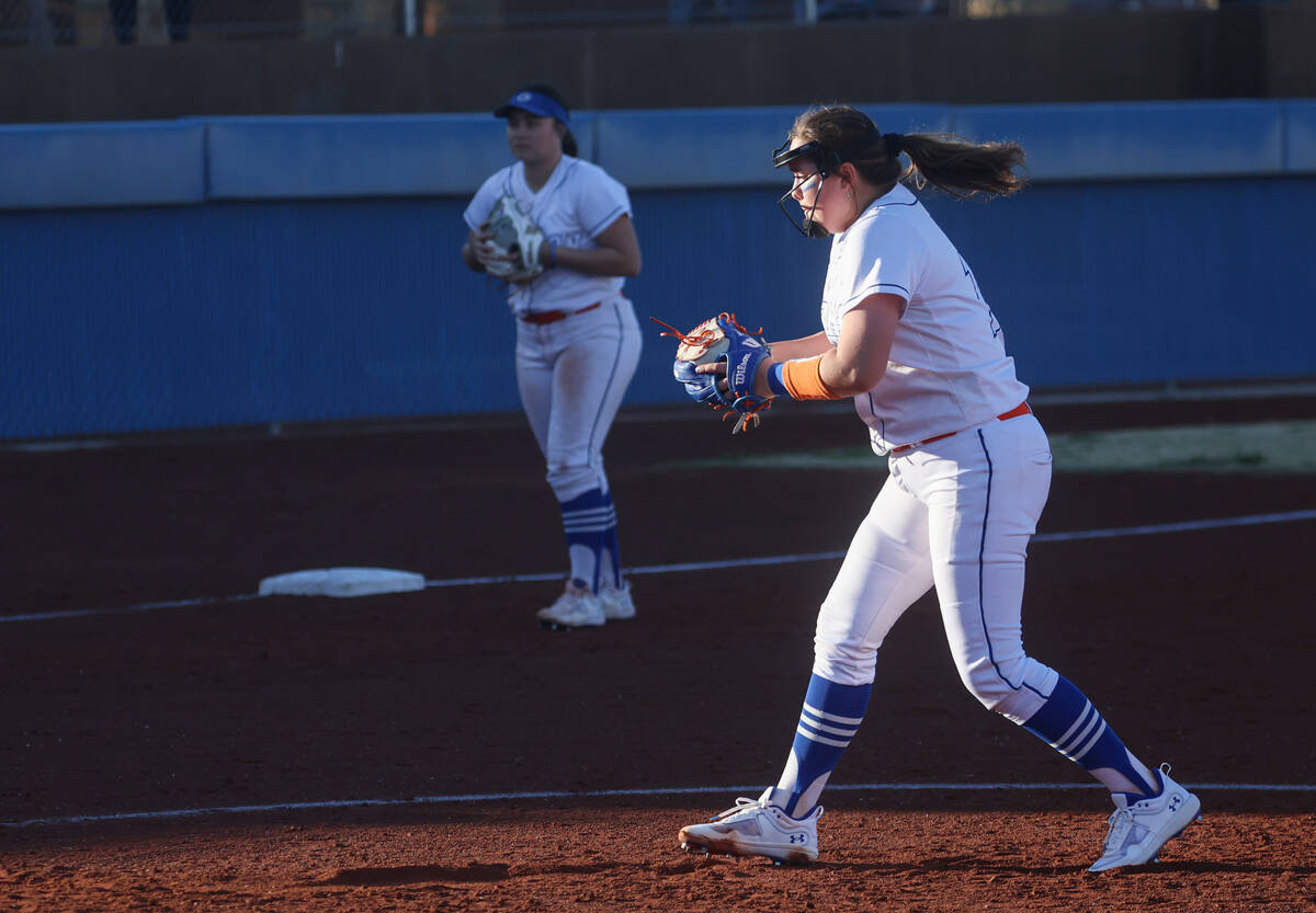 Bishop Gorman's Jordyn Fray (12) pitches to Centennial during a softball game at Bishop Gorman ...