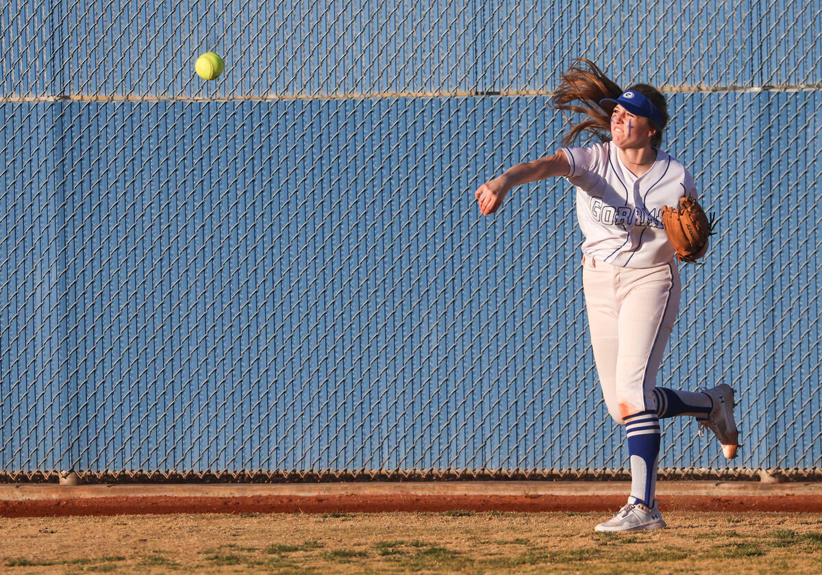 Bishop Gorman's Kayden Amick (42) passes the ball during a softball game against Centennial at ...
