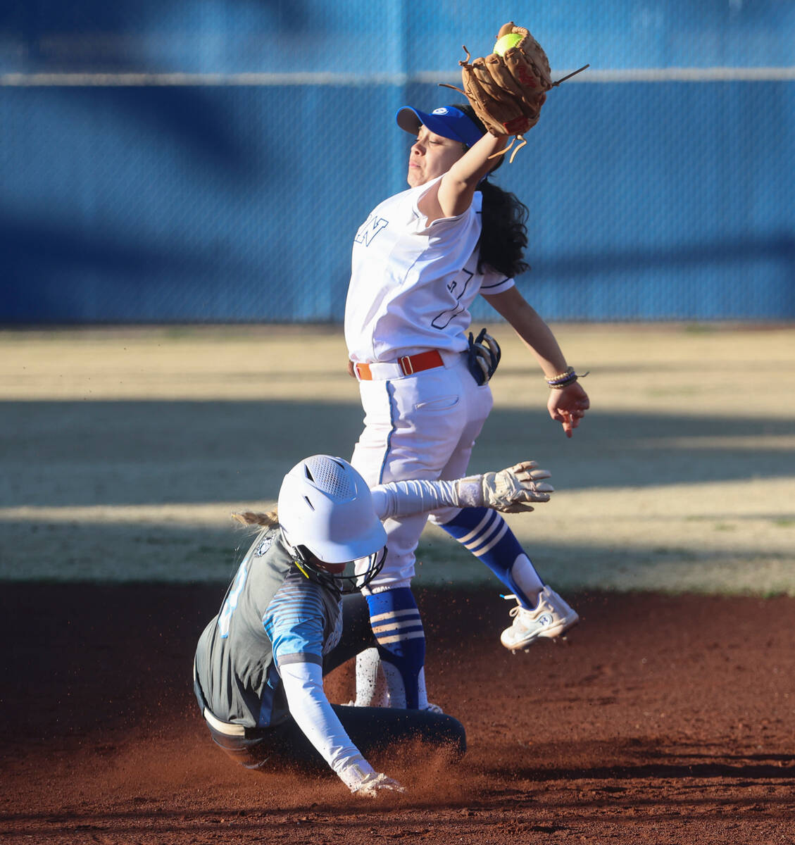Bishop Gorman's Sarah Fonseca (7) tags out Centennial's Ashley Madonia during a softball game a ...