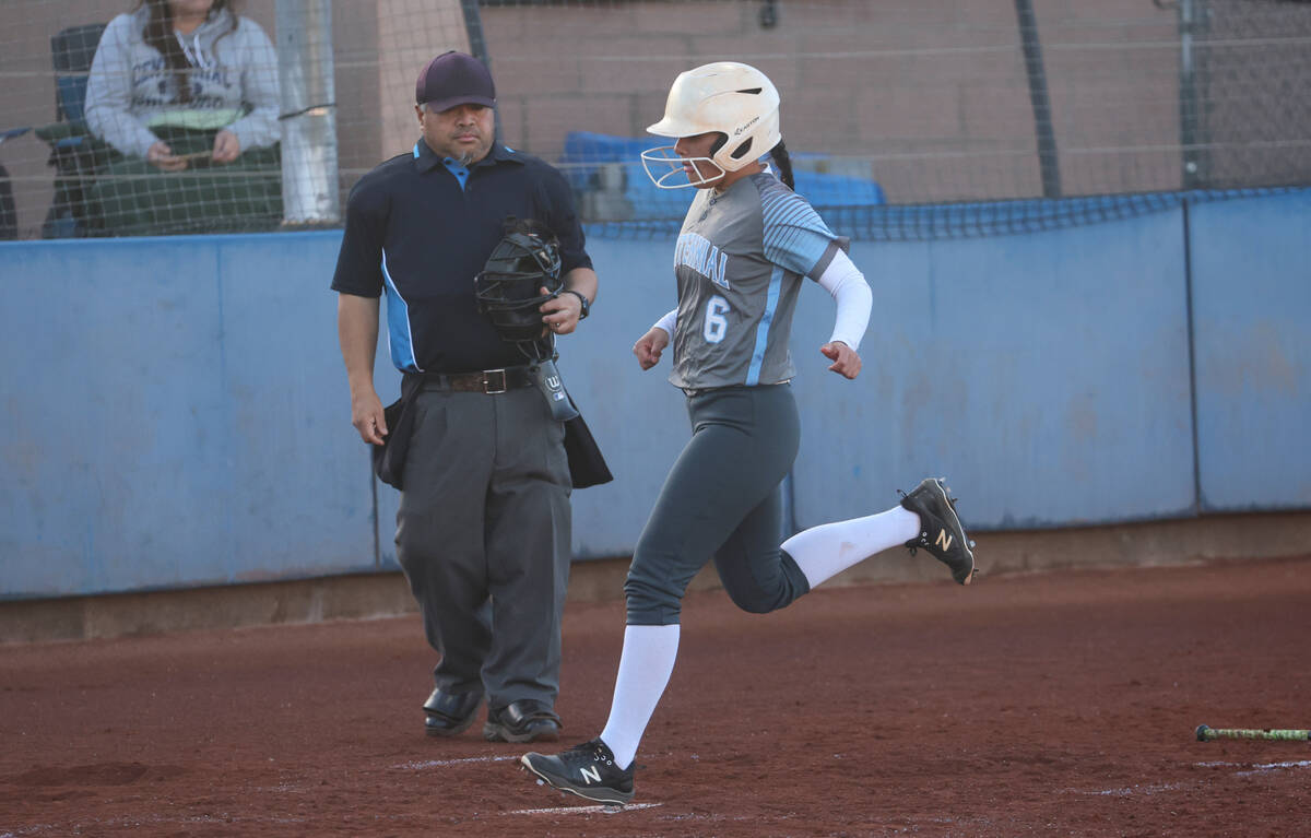 Centennial's Leeah Ibarra (6) scores a run during a softball game at Bishop Gorman High School ...