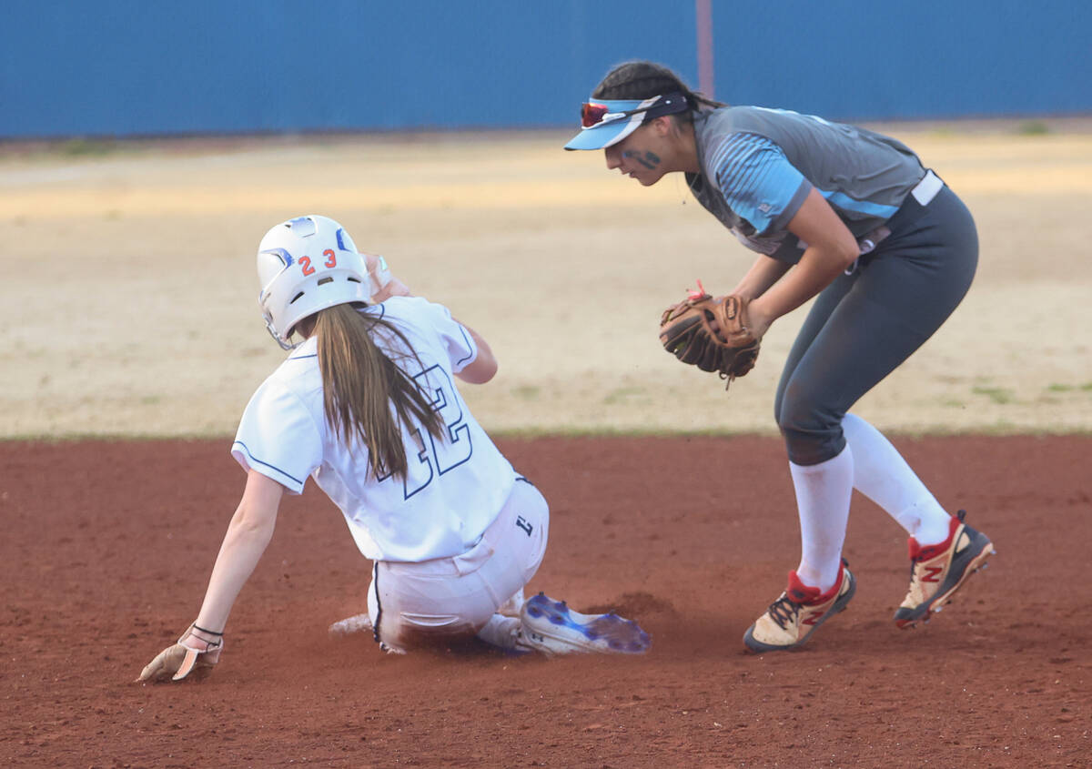 Bishop Gorman's Kayden Amick (42) slides onto second base against Centennial's Rebeca Venzor-Nu ...