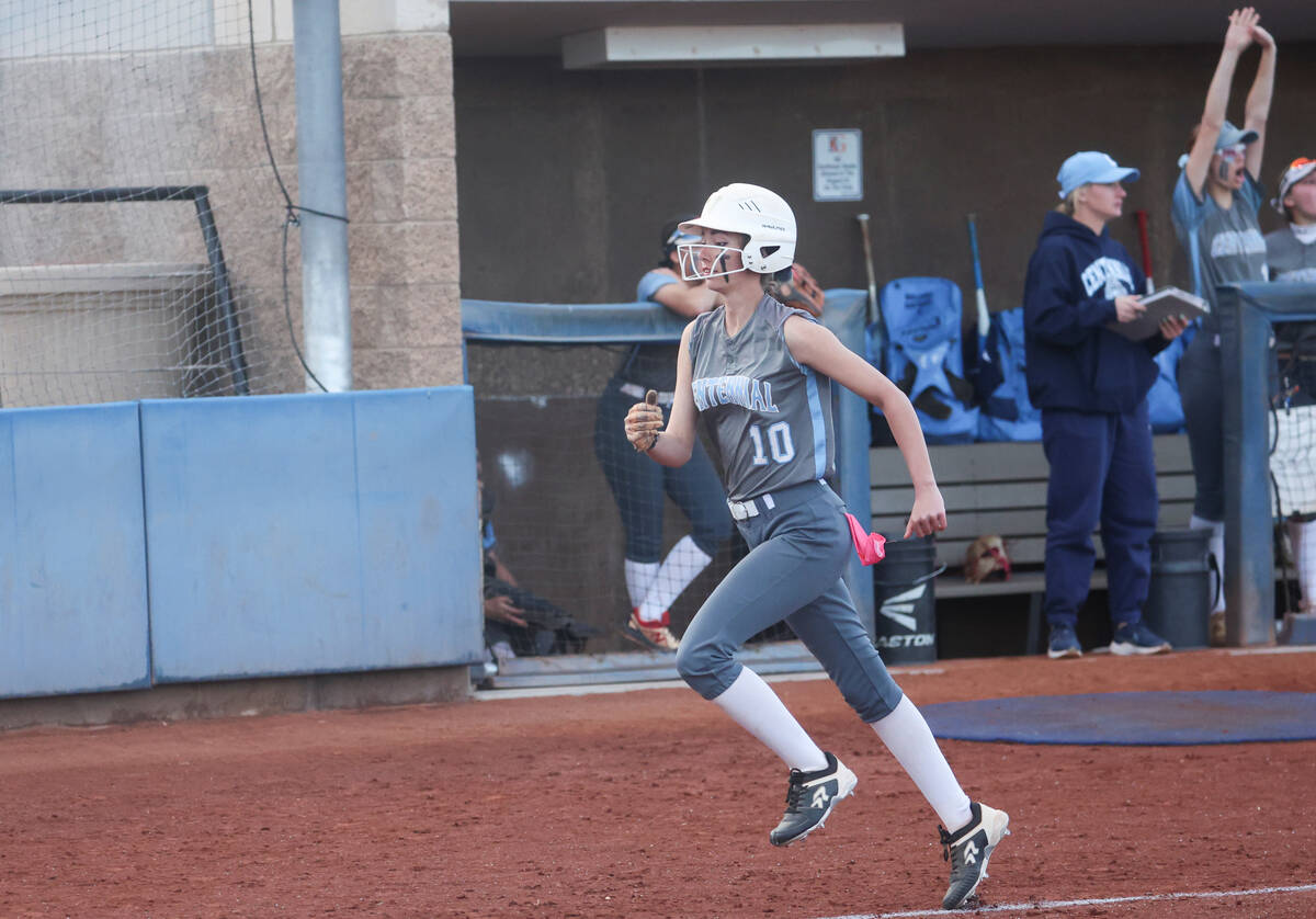 Centennial's Sydnee Hartley (10) runs for home base during a softball game at Bishop Gorman Hig ...